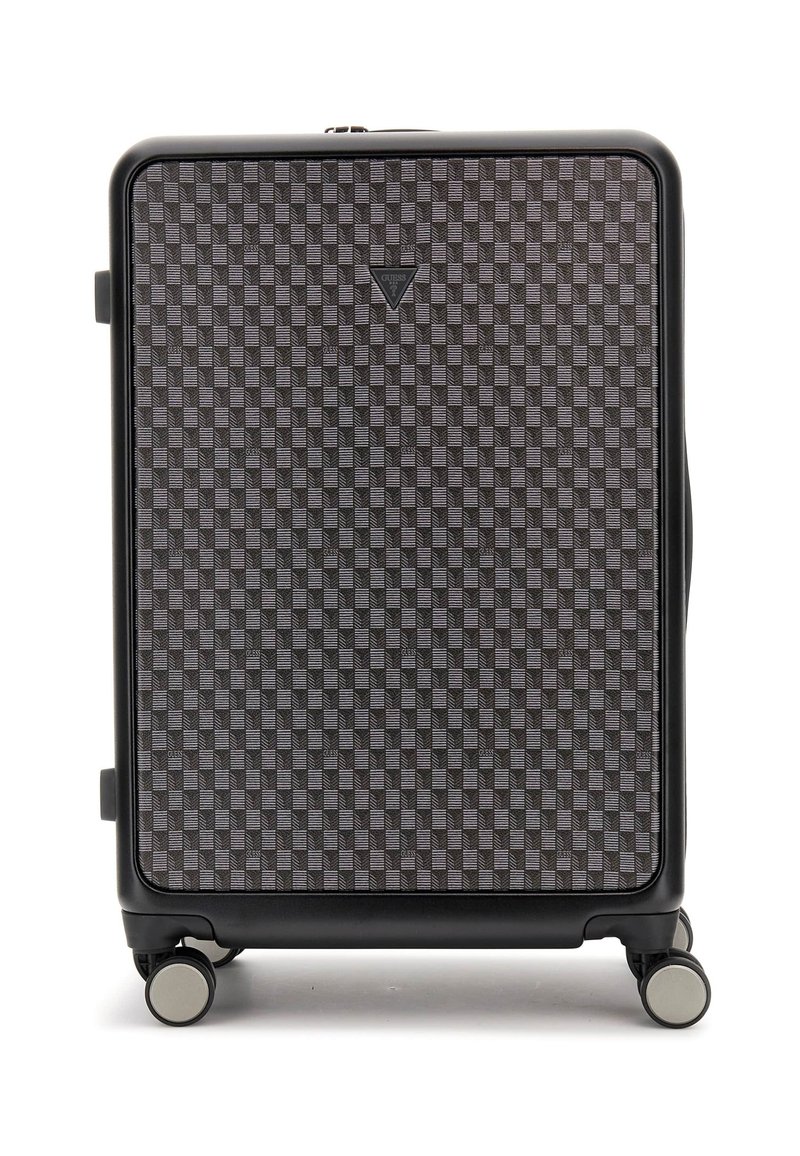Valise rigide avec un motif en damier dans des tons de gris foncé et noir, équipée d'une poignée robuste et de quatre roues pivotantes pour une meilleure mobilité.