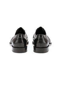 Schwarze Lederhalbschuhe mit glänzender Oberfläche, runder Zehenpartie und niedrigem Absatz. Merkmale sind minimale Nähte und eine schlanke Silhouette.