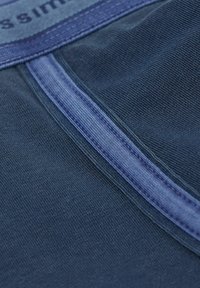 Marinblått tyg med ribbad textur, med en slät ljusblå rand längs en kant och en vävd etikett högst upp.