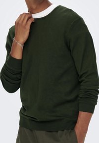 Sweatshirt vert à manches longues et col rond, avec un col blanc contrastant. Tissu en coton lisse ; poignets et ourlet côtelés.