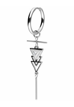 Silver hoop earring with a dangling geometric charm featuring two triangles, a horizontal bar, and a vertical bar.