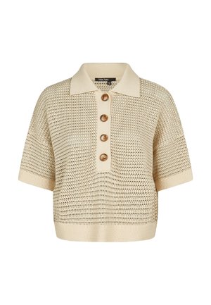 Beige short-sleeve knit polo shirt with a textured pattern, four brown buttons, and a ribbed collar and hem.