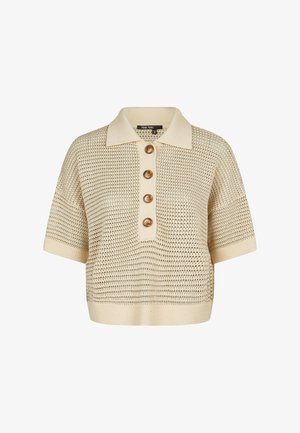 Beige kurzärmeliges Strick-Poloshirt mit texturiertem Muster, vier braunen Knöpfen sowie einem gerippten Kragen und Saum.