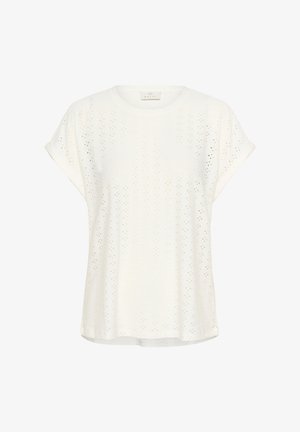 T-shirt blanc à manches courtes en coton perforé, avec un col rond et une coupe décontractée avec un ourlet droit.