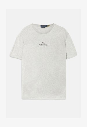 Grå t-skjorte med korte ermer laget av bomull, med rund hals og brodert "Polo Ralph Lauren"-logo i mørkere tråd.