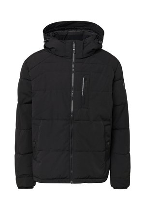 Zwarte gewatteerde jas met een ritssluiting aan de voorkant, verstelbare capuchon en elastische manchetten. Heeft een doorgestikt ontwerp en een borstzak voor opslag.