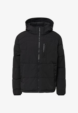 Schwarze Steppjacke mit Reißverschluss vorne, verstellbarer Kapuze und elastischen Bündchen. Verfügt über ein gesteppte Design und eine Brusttasche zur Aufbewahrung.