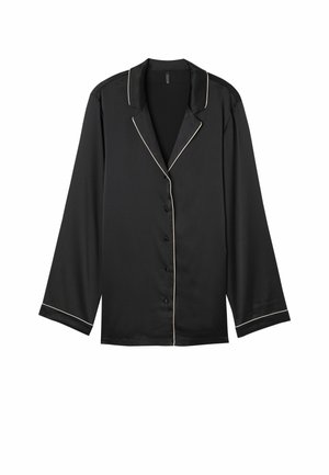 Zwarte pyjama-top van gladde stof, met een notch-kraag, lange mouwen, knopen aan de voorkant en contrasterende witte piping langs de randen.
