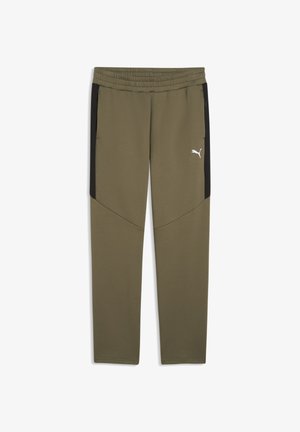 Pantaloni jogger Puma verde oliva con pannelli laterali neri, vita elastica, tasche con zip e logo Puma bianco sulla coscia destra.