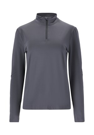 Pullover grigio a maniche lunghe con collare a mezza zip, realizzato in tessuto morbido. Presenta un design semplice senza motivi o decorazioni.