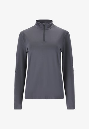 Grå langærmet pullover med halvlukket krave, fremstillet af glat materiale. Har et enkelt design uden mønstre eller udsmykninger.