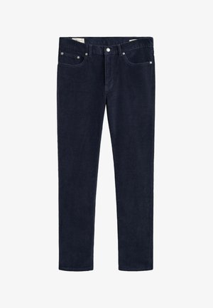 Dunkelblaue Herren-Cordhosen mit vorderem Knopf- und Reißverschluss, fünf Taschen-Design und geradem Bein.