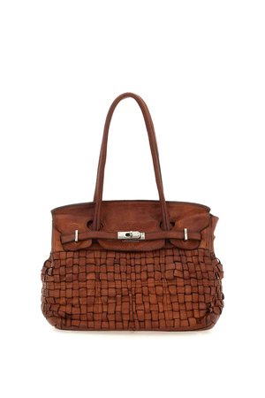 Borsa a mano in pelle marrone con fondo intrecciato e testurizzato, parte superiore liscia, dettaglio fibbia argento e due manici lunghi.