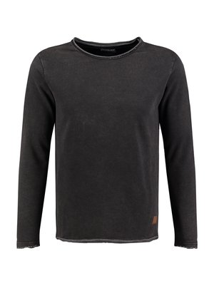 Camisa negra de manga larga en mezcla de algodón con cuello redondo, dobladillo sin acabar y una pequeña etiqueta de cuero marrón en el lado inferior.