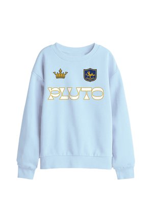 Light blue sweatshirt with long sleeves, featuring a gold crown, a navy blue shield with a lion, and the word "PLUTO" in large gold letters.