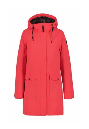 Red waterproof parka with a hood, front zip, two large front pockets, adjustable drawstring, and black interior lining.