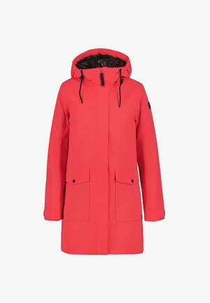 Red waterproof parka with a hood, front zip, two large front pockets, adjustable drawstring, and black interior lining.