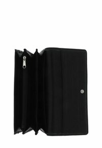 Portefeuille en cuir noir avec une poche zippée, plusieurs emplacements pour cartes et une fermeture à bouton. Intérieur texturé avec un extérieur lisse et poli.