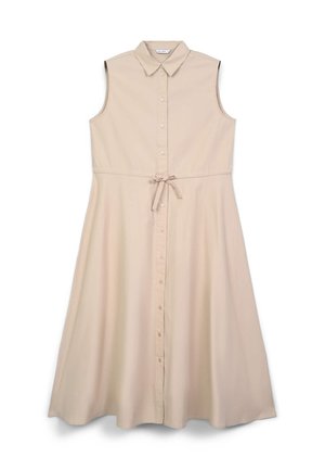 Abito beige senza maniche realizzato in tessuto leggero, con chiusura a bottoni frontale, colletto e cintura annodata in vita. Design con gonna svasata.