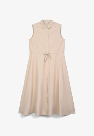 Abito beige senza maniche realizzato in tessuto leggero, con chiusura a bottoni frontale, colletto e cintura annodata in vita. Design con gonna svasata.