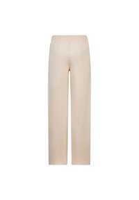 Beige wijde broek van zacht materiaal met een elastische tailleband. Heeft een gladde textuur en een rechte snit zonder zichtbare versieringen.