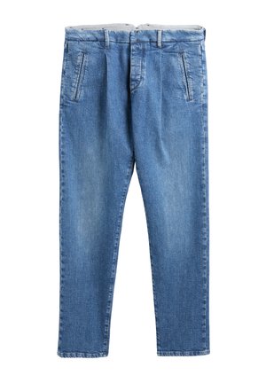 Blue denim jeans with front zip, button closure, belt loops, and two vertical front pockets, displayed on a white background.