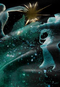 Tessuto con sfondo nero e un design grafico di astronauti e una esplosione dorata, che mostra elementi spaziali verdi e blu.
