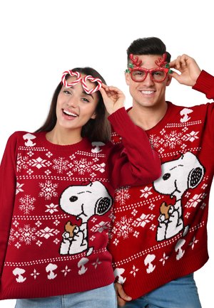 Red knitted sweater with white snowflakes and a Snoopy design. Accompanied by festive glasses: heart-shaped and reindeer-themed.