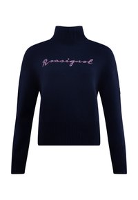 Navy blue knitted sweater with a high collar, featuring a ribbed hem and cuffs. Embroidered "Rossignol" text in pink across the chest.