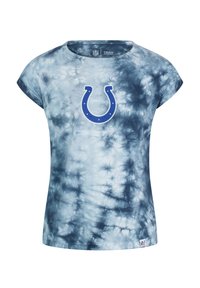 Kortärmad tie-dye T-shirt i blått och vitt, med en blå hängränna-logotyp på bröstet. Mjuk tygkvalitet med avslappnad passform.