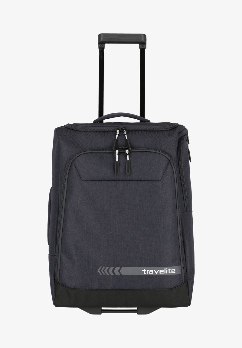 Valigia grigia scura su ruote con manico telescopico, doppia cerniera, tasca frontale e dettagli con logo alla base. Esterno in tessuto texturizzato.
