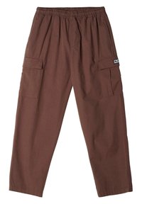 Bruna cargobyxor med elastisk midja, sidofickor med klaff och en avslappnad rak passform.