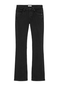 Jeans en denim noir évasés avec une taille standard, un design à cinq poches et des détails de couture subtils. Texture douce et silhouette ajustée.