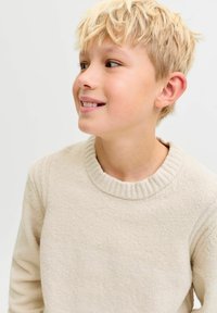 Šviesiai smėlinis megztinis su raštuotu apykaklės kraštu ir tekstūruotu audiniu, vilkimas vaiko su išsišakojusiais šviesiais plaukais, šiek tiek besišypsančio.