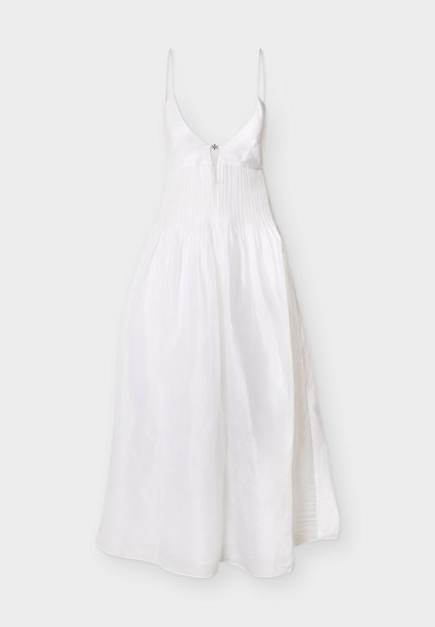 Biele maxi šaty bez rukávov s tenkými ramienkami, výstrihom do V, plisovaným živôtikom a rozšírenou sukňou.