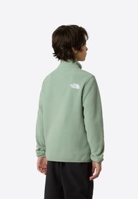 Pulover din fleece verde deschis cu guler înalt, având un logo alb pe spate. Textură moale, croială lejeră și mâneci lungi.