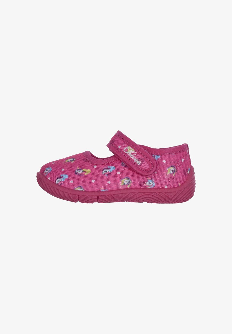 Chaussure en tissu rose avec une bride Velcro, présentant des motifs de personnages de dessin animé et une semelle en caoutchouc texturée et flexible.