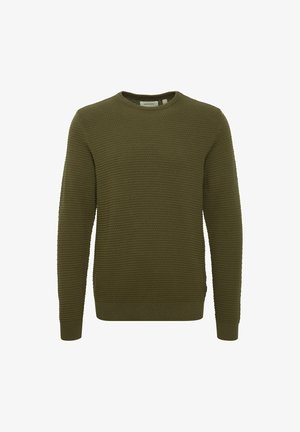 Olivgrüner Strickpullover mit strukturiertem Muster, runder Halsauschnitt, langen Ärmeln sowie gerippten Abschlüssen und Saum.