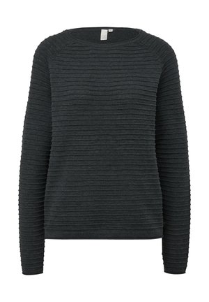 Dunkelgrauer Langarmpullover mit strukturiertem, geripptem Design. Hat einen runden Ausschnitt und einen lockeren Schnitt. Keine sichtbaren Beschläge oder Muster.