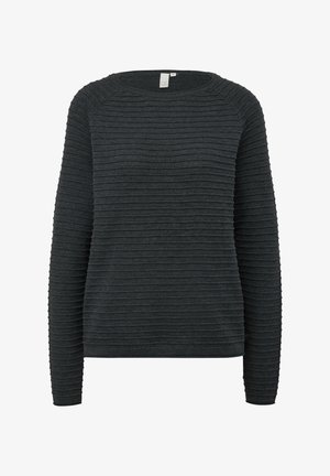 Tumši pelēks garām piedurknēm džemperis ar teksturētu, ribotu dizainu. Iezīmē apaļu kakla izgriezumu un brīvu piegriezumu. Nav redzamu piederumu vai rakstu.