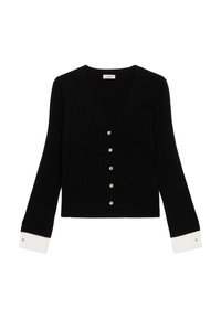 Zwarte geribde cardigan met een V-hals, voorzien van een rij lichtblauwe knopen en witte accenten op de mouwen. Textuur gebreid materiaal. Cropped ontwerp.