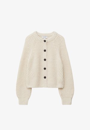Strickjacke in Creme mit runder Halslinie, Knopfverschluss vorne und gerippten Bündchen. Sie verfügt über ein strukturiertes Muster und ein leicht verkürztes Design.