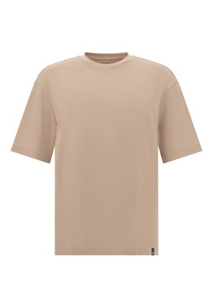 Beige T-shirt met korte mouwen van zachte, gladde stof, met een ronde halslijn en een subtiele logotag aan de onderzoom. Eenvoudige, rechthoekige silhouet.