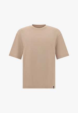 Beige T-shirt met korte mouwen van zachte, gladde stof, met een ronde halslijn en een subtiele logotag aan de onderzoom. Eenvoudige, rechthoekige silhouet.