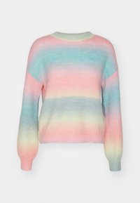 Pull léger à col rond avec des rayures dégradées pastel en rose, bleu et jaune, avec des poignets et un ourlet côtelés. Texture douce.