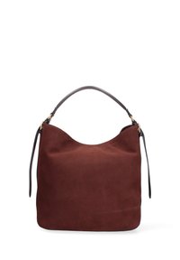Borsa in suede di colore bordeaux scuro con una silhouette arrotondata, manico in pelle e dettagli in hardware dorato. Texture liscia con una finitura opaca.