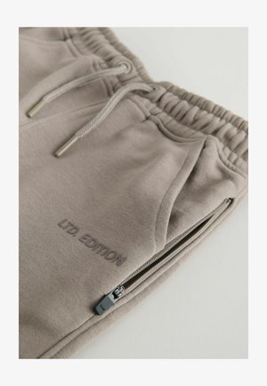 Joggers beige chiaro realizzati in tessuto morbido, con elastico in vita, lacci e tasche laterali con zip. Testo "LTD EDITION" visibile.