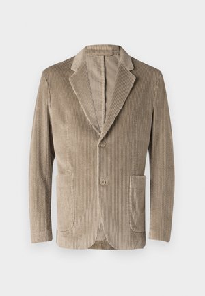 Blazer de pana beige con solapa de muesca, cierre de dos botones y dos bolsillos frontales. Tejido texturizado con estrías verticales.