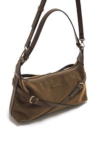 Braune Stoff-Handtasche mit Lederakzenten, Reißverschluss und goldfarbener Logo-Detail. Sie verfügt über einen einzelnen verstellbaren Schultergurt.
