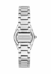 RVS horloge met een gepolijste zilverkleurige schakelbeugel, afgeronde kast en een minimalistisch wijzerplaat met de merknaam "KARL LAGERFELD".